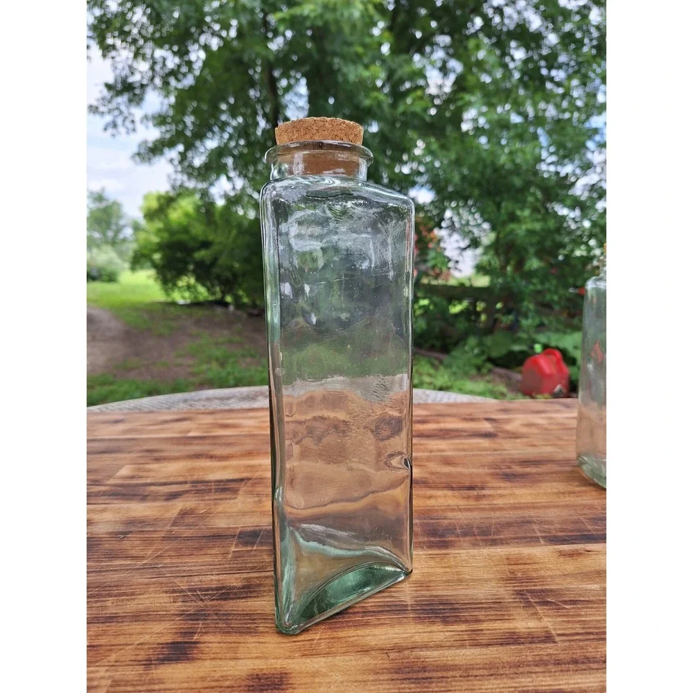 Vintage 1 Triangular 2‎ Square Thick Green Clear Glass Flower Vase Kitchen Jars